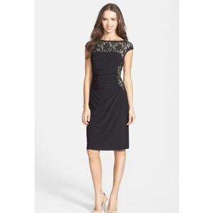 Betsy and Adam women’s ruched with lace and sequence knee length dress. Size 10.
